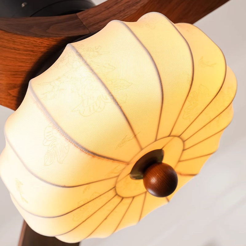 Ventilateur de plafond avec lumière LED, tiges de suspension, en fer rond vintage traditionnel, cuivre, tissu, bois massif, pour chambre à coucher 