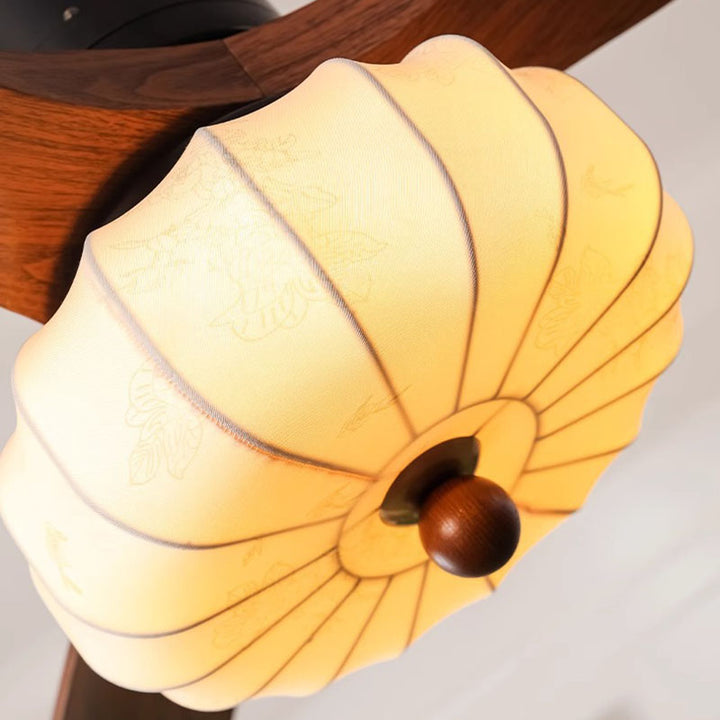 Ventilateur de plafond avec lumière LED, tiges de suspension, en fer rond vintage traditionnel, cuivre, tissu, bois massif, pour chambre à coucher 