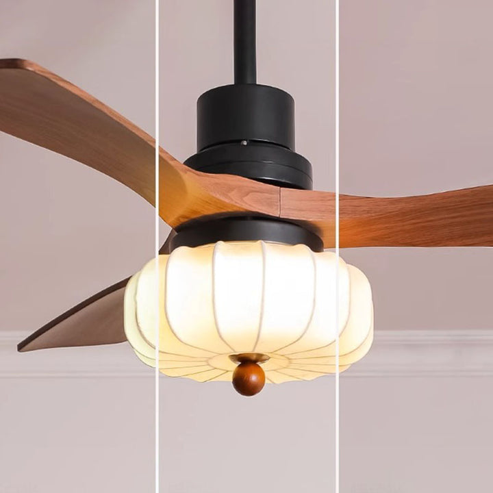 Ventilateur de plafond avec lumière LED, tiges de suspension, en fer rond vintage traditionnel, cuivre, tissu, bois massif, pour chambre à coucher 