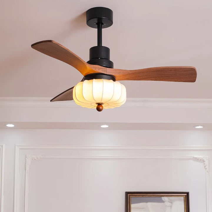 Ventilateur de plafond avec lumière LED, tiges de suspension, en fer rond vintage traditionnel, cuivre, tissu, bois massif, pour chambre à coucher 