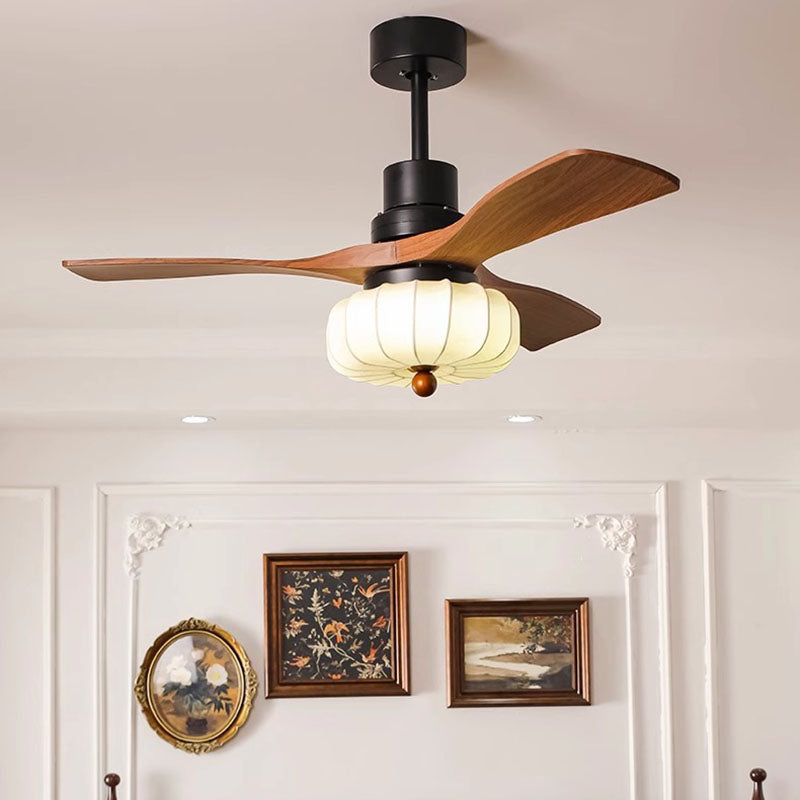 Ventilateur de plafond avec lumière LED, tiges de suspension, en fer rond vintage traditionnel, cuivre, tissu, bois massif, pour chambre à coucher 