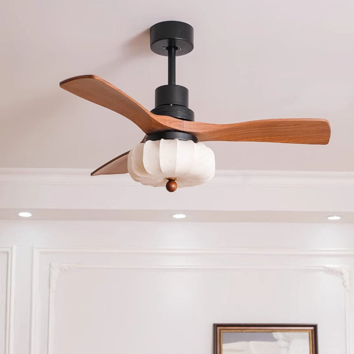 Ventilateur de plafond avec lumière LED, tiges de suspension, en fer rond vintage traditionnel, cuivre, tissu, bois massif, pour chambre à coucher 