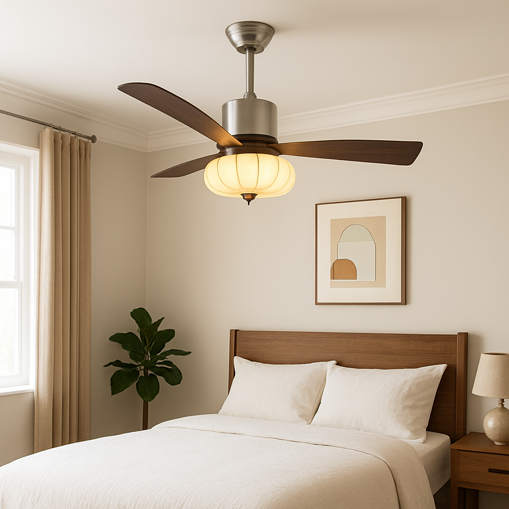Ventilateur de plafond avec lumière LED, tiges de suspension, en fer rond vintage traditionnel, cuivre, tissu, bois massif, pour chambre à coucher 