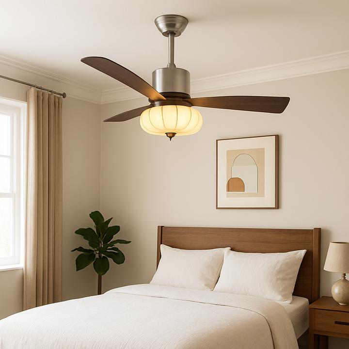 Ventilateur de plafond avec lumière LED, tiges de suspension, en fer rond vintage traditionnel, cuivre, tissu, bois massif, pour chambre à coucher 