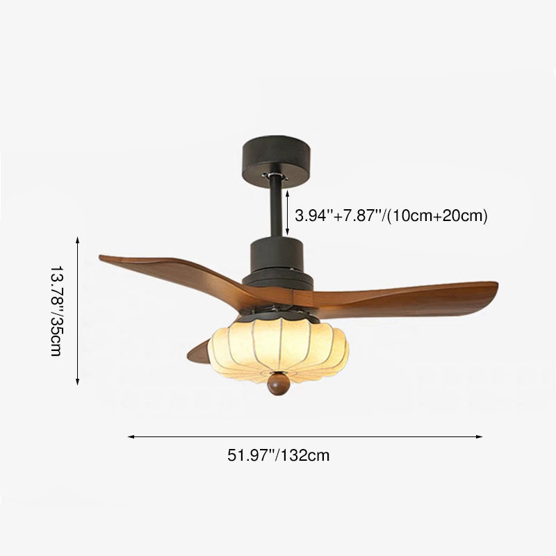 Ventilateur de plafond avec lumière LED, tiges de suspension, en fer rond vintage traditionnel, cuivre, tissu, bois massif, pour chambre à coucher 