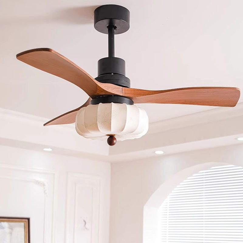 Ventilateur de plafond avec lumière LED, tiges de suspension, en fer rond vintage traditionnel, cuivre, tissu, bois massif, pour chambre à coucher 