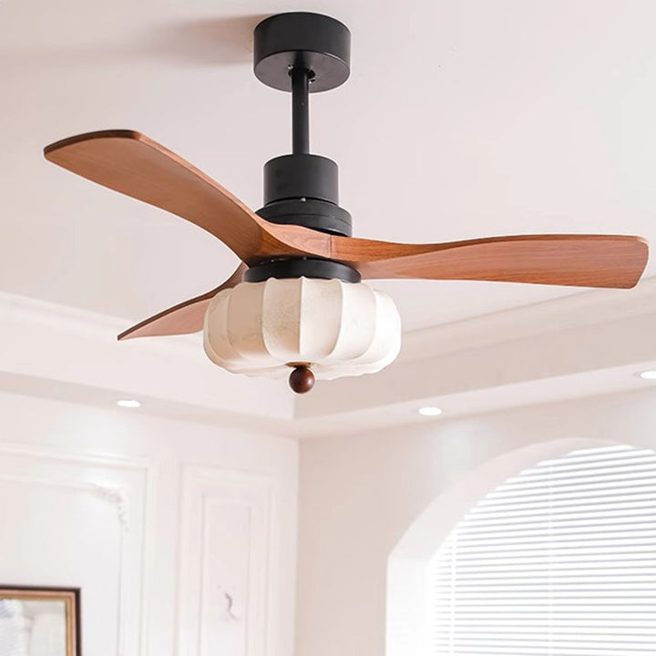Ventilateur de plafond avec lumière LED, tiges de suspension, en fer rond vintage traditionnel, cuivre, tissu, bois massif, pour chambre à coucher 