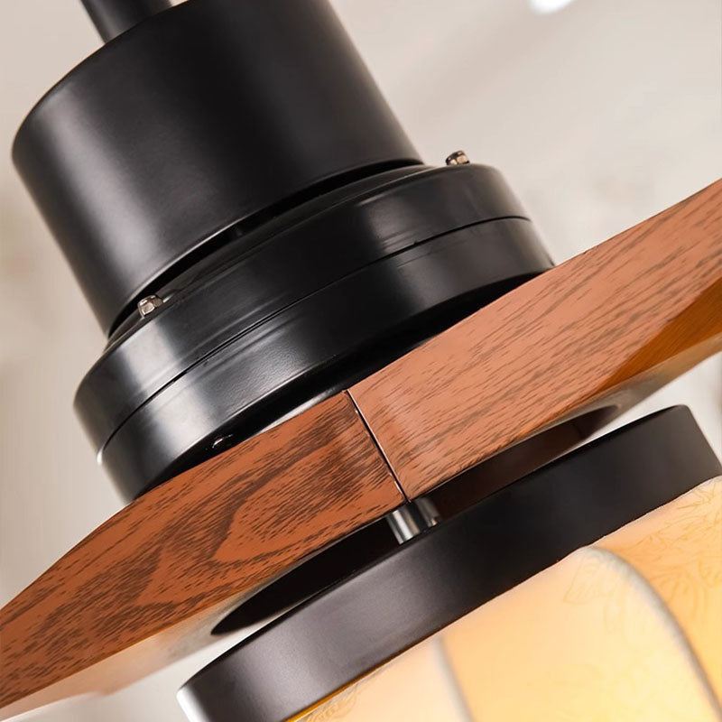 Ventilateur de plafond avec lumière LED, tiges de suspension, en fer rond vintage traditionnel, cuivre, tissu, bois massif, pour chambre à coucher 