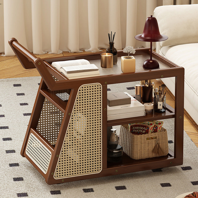 Contemporary Nordic Nan Bamboo Rainbow Glass Square Movable Weaving End Table 3-Tier 2-Storage For Living Room