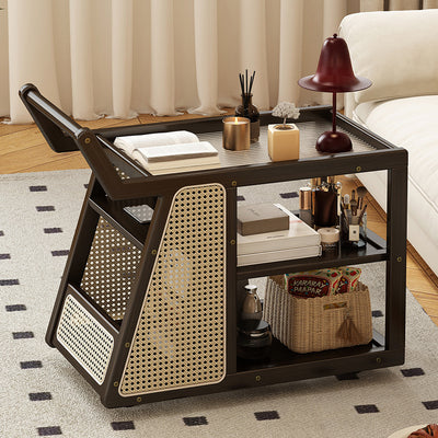 Contemporary Nordic Nan Bamboo Rainbow Glass Square Movable Weaving End Table 3-Tier 2-Storage For Living Room