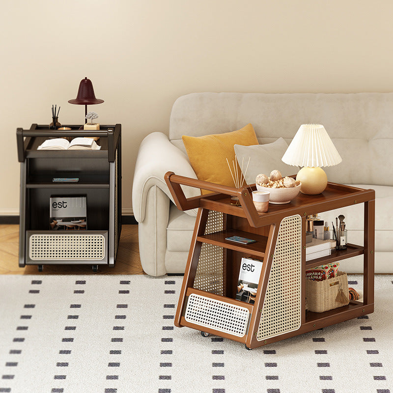 Contemporary Nordic Nan Bamboo Rainbow Glass Square Movable Weaving End Table 3-Tier 2-Storage For Living Room
