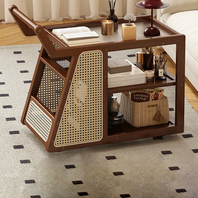 Contemporary Nordic Nan Bamboo Rainbow Glass Square Movable Weaving End Table 3-Tier 2-Storage For Living Room