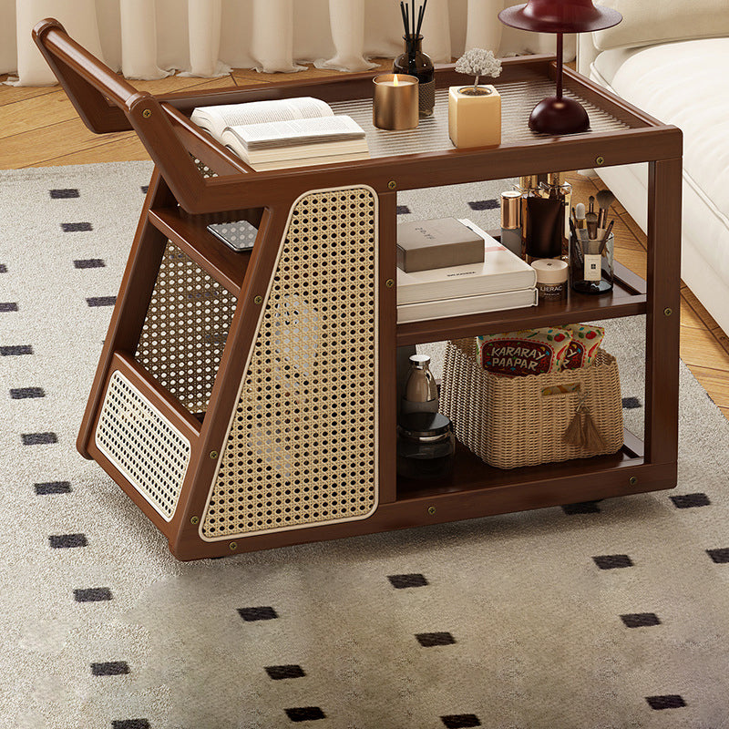 Contemporary Nordic Nan Bamboo Rainbow Glass Square Movable Weaving End Table 3-Tier 2-Storage For Living Room