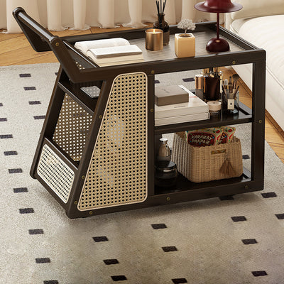 Contemporary Nordic Nan Bamboo Rainbow Glass Square Movable Weaving End Table 3-Tier 2-Storage For Living Room