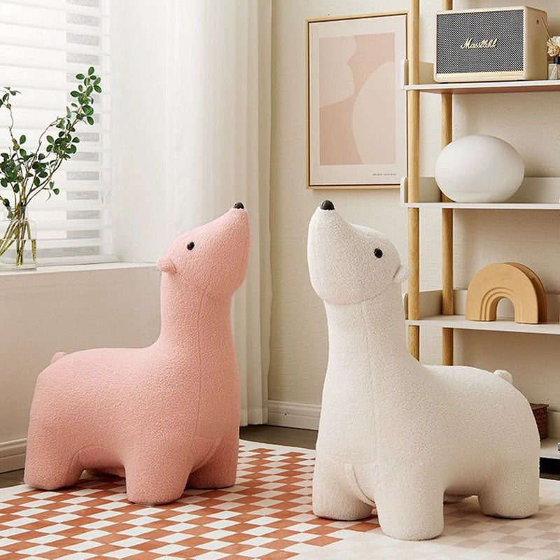 Contemporary Creative Polar Bear Solid Wood Lambswool Kids Stool Movable For Living Room