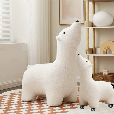 Contemporary Creative Polar Bear Solid Wood Lambswool Kids Stool Movable For Living Room