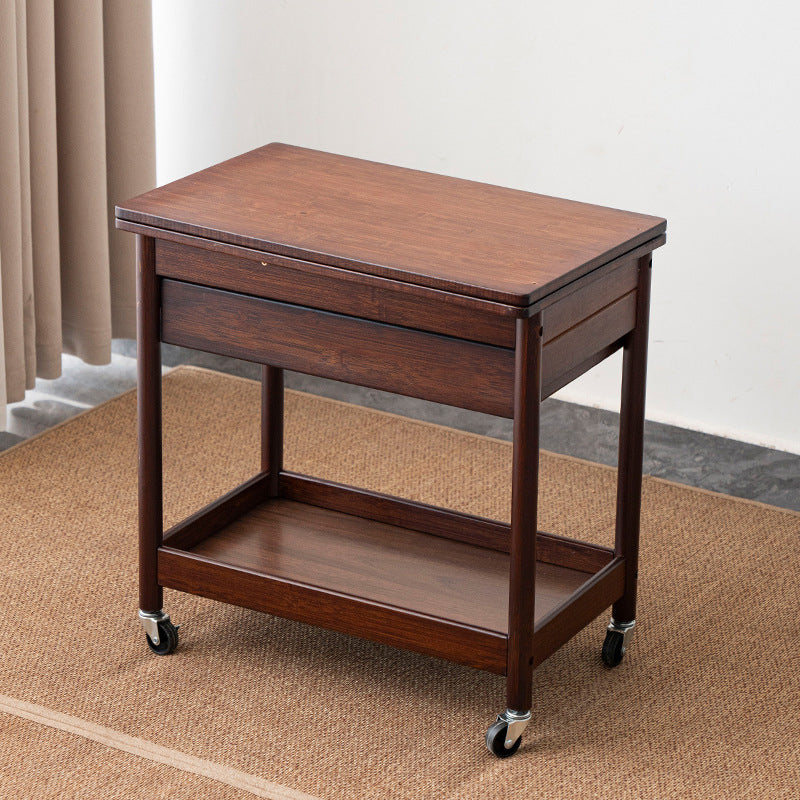 Traditional Chinese Square Nan Bamboo Movable Folding Coffee Table With 2-Tier 1-Drawer For Living Room