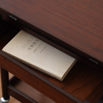 Traditional Chinese Square Nan Bamboo Movable Folding Coffee Table With 2-Tier 1-Drawer For Living Room