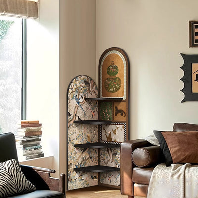 Traditional Chinese Rounded Corner Design Adhesive Paper MDF Corner Shelf Unit 4-Tier For Living Room