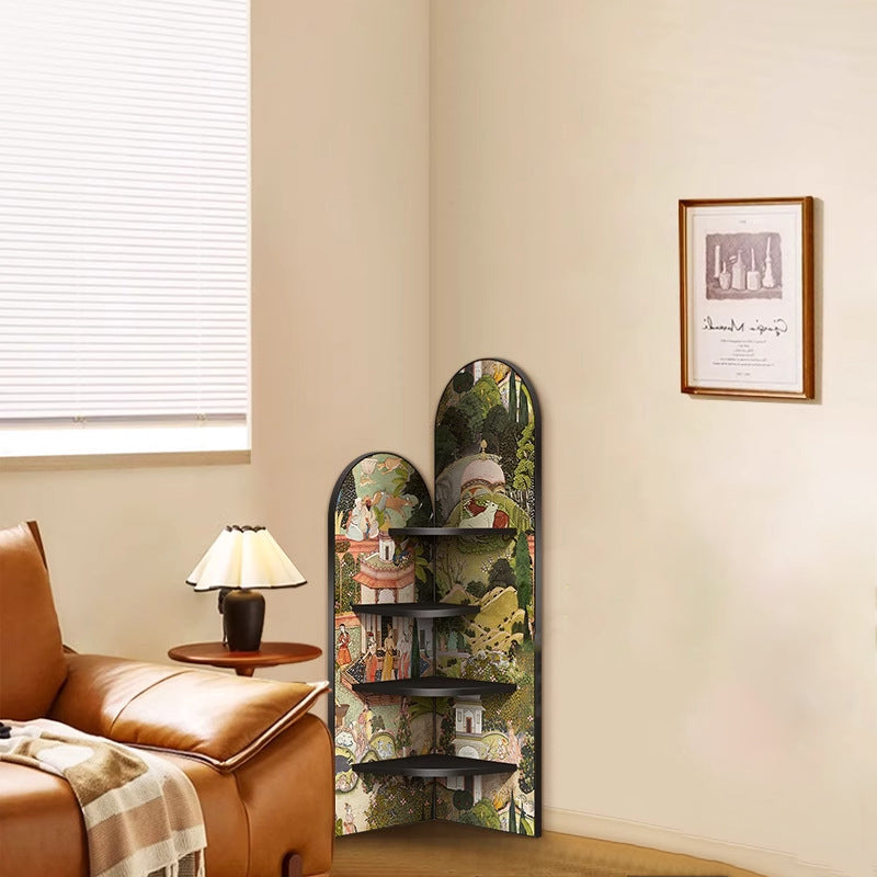 Traditional Chinese Rounded Corner Design Adhesive Paper MDF Corner Shelf Unit 4-Tier For Living Room