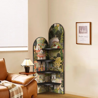 Traditional Chinese Rounded Corner Design Adhesive Paper MDF Corner Shelf Unit 4-Tier For Living Room