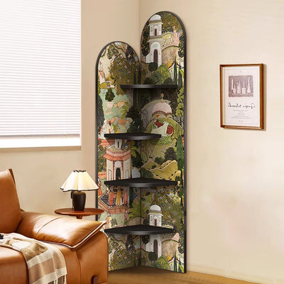 Traditional Chinese Rounded Corner Design Adhesive Paper MDF Corner Shelf Unit 4-Tier For Living Room