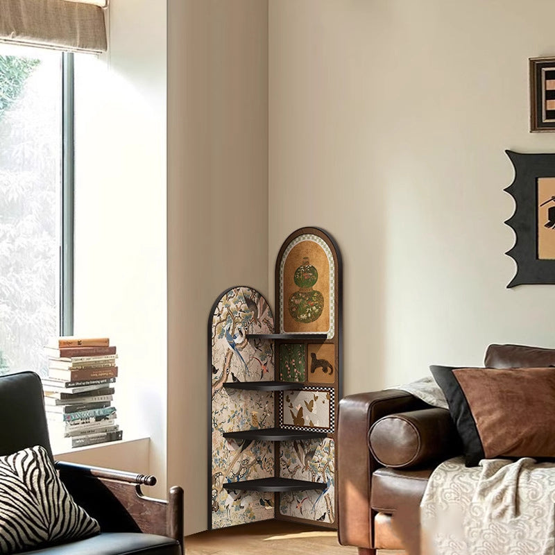 Traditional Chinese Rounded Corner Design Adhesive Paper MDF Corner Shelf Unit 4-Tier For Living Room