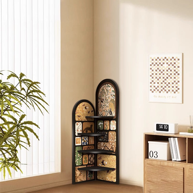 Traditional Chinese Rounded Corner Design Adhesive Paper MDF Corner Shelf Unit 4-Tier For Living Room