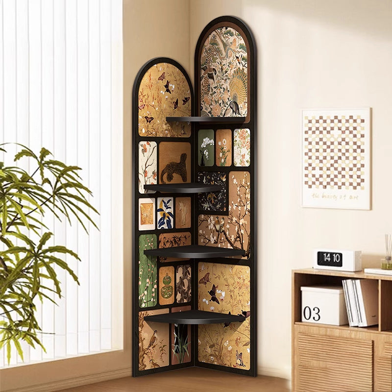 Traditional Chinese Rounded Corner Design Adhesive Paper MDF Corner Shelf Unit 4-Tier For Living Room