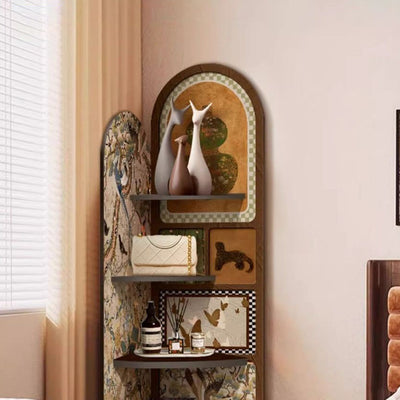Traditional Chinese Rounded Corner Design Adhesive Paper MDF Corner Shelf Unit 4-Tier For Living Room