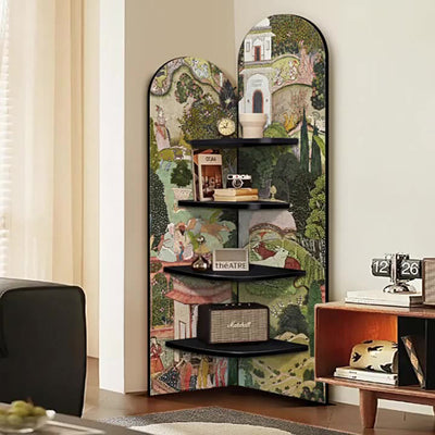Traditional Chinese Rounded Corner Design Adhesive Paper MDF Corner Shelf Unit 4-Tier For Living Room