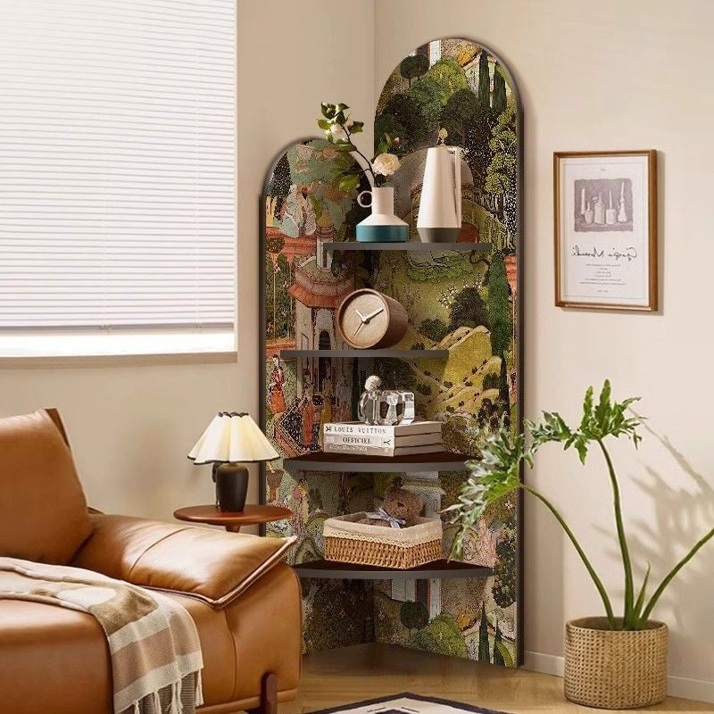 Traditional Chinese Rounded Corner Design Adhesive Paper MDF Corner Shelf Unit 4-Tier For Living Room