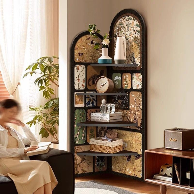 Traditional Chinese Rounded Corner Design Adhesive Paper MDF Corner Shelf Unit 4-Tier For Living Room