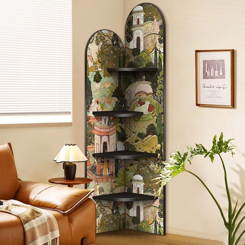 Traditional Chinese Rounded Corner Design Adhesive Paper MDF Corner Shelf Unit 4-Tier For Living Room