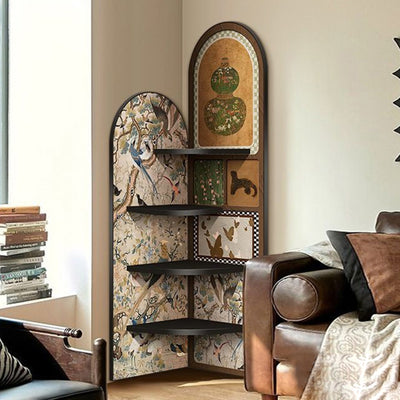 Traditional Chinese Rounded Corner Design Adhesive Paper MDF Corner Shelf Unit 4-Tier For Living Room