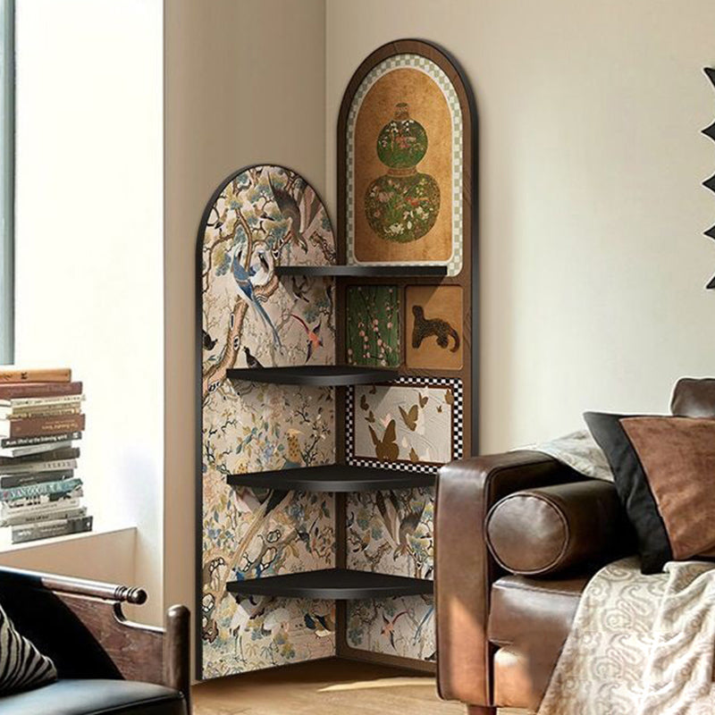 Traditional Chinese Rounded Corner Design Adhesive Paper MDF Corner Shelf Unit 4-Tier For Living Room