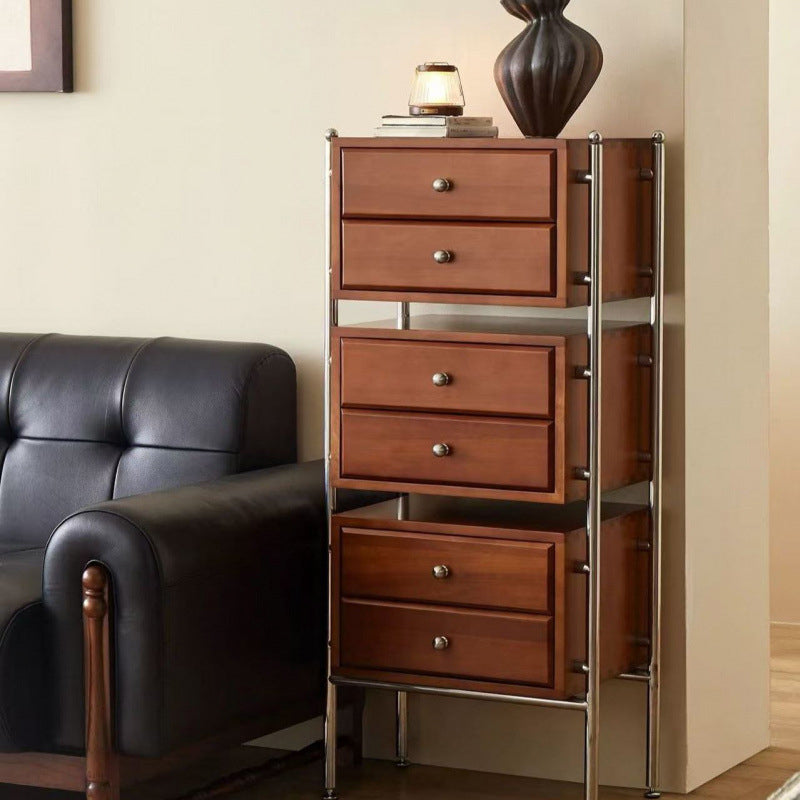 Contemporáneo Retro Cuadrado Mueble de Almacenamiento de Madera Maciza y Acero Inoxidable de 6 Cajones para Sala de Estar 