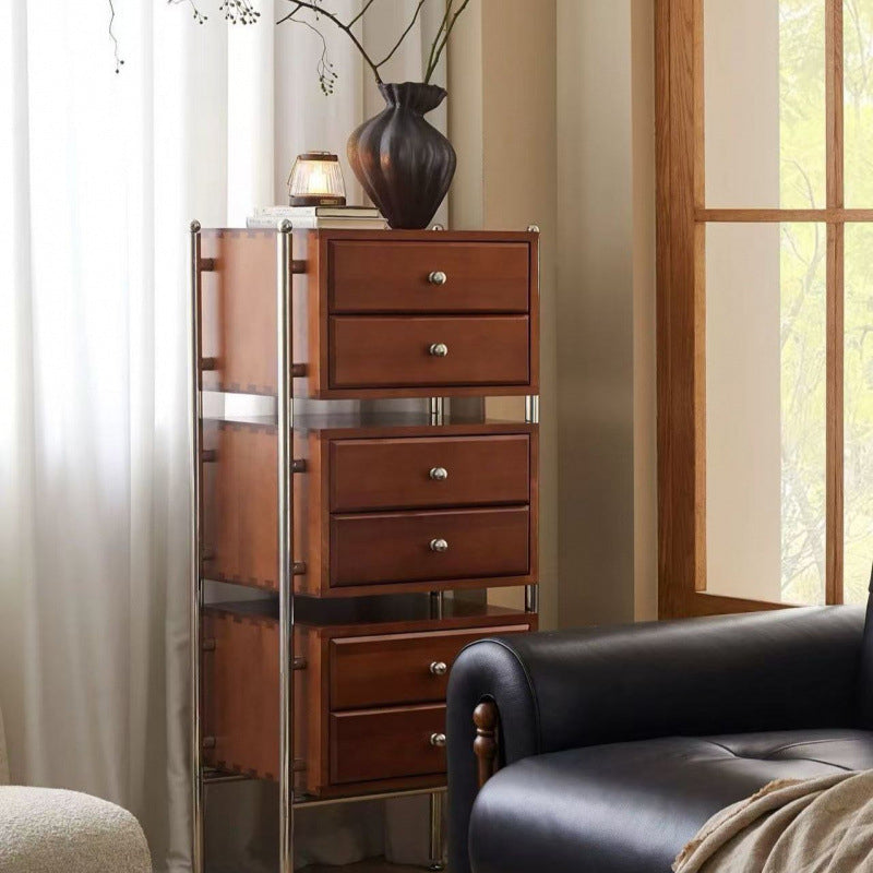 Contemporáneo Retro Cuadrado Mueble de Almacenamiento de Madera Maciza y Acero Inoxidable de 6 Cajones para Sala de Estar 
