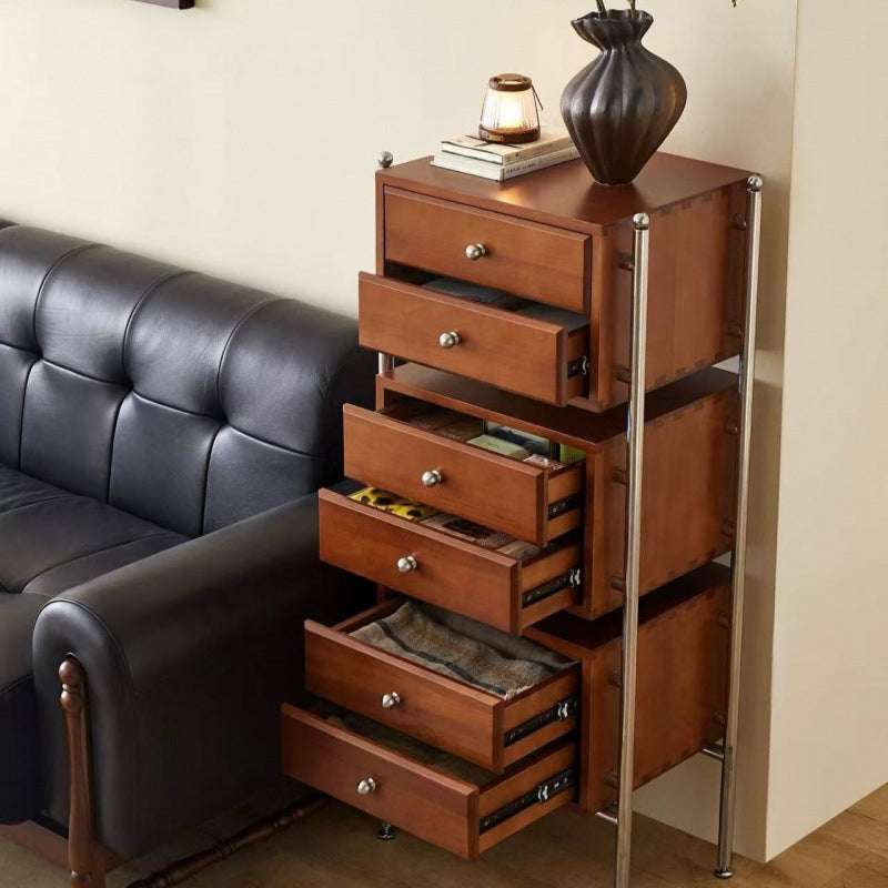 Contemporáneo Retro Cuadrado Mueble de Almacenamiento de Madera Maciza y Acero Inoxidable de 6 Cajones para Sala de Estar 