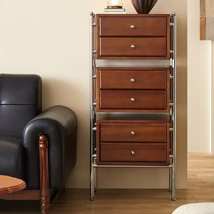 Contemporáneo Retro Cuadrado Mueble de Almacenamiento de Madera Maciza y Acero Inoxidable de 6 Cajones para Sala de Estar 