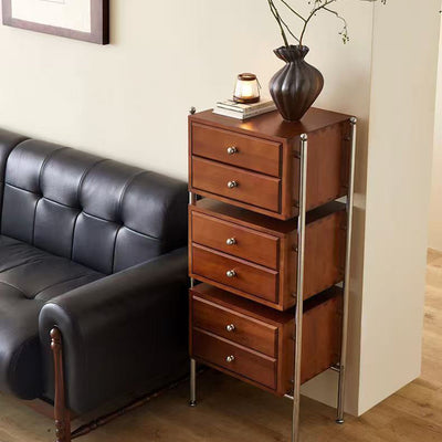 Contemporary Retro Square Solid Wood Stainless Steel Storage Cabinet 6-Drawer For Living Room
