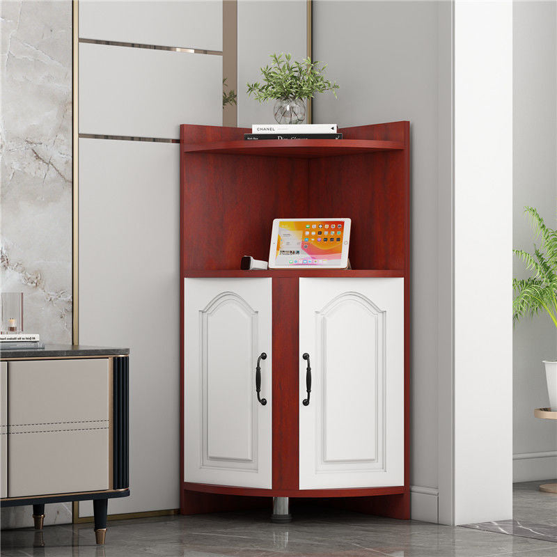 Contemporary Nordic Triangular Solid Wood MDF Corner Shelf Unit With 2-Cabinet 2-Tier For Living Room