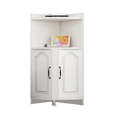 Contemporary Nordic Triangular Solid Wood MDF Corner Shelf Unit With 2-Cabinet 2-Tier For Living Room