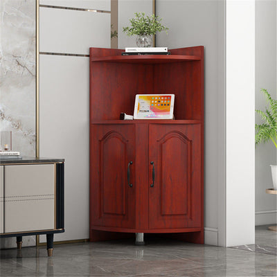 Contemporary Nordic Triangular Solid Wood MDF Corner Shelf Unit With 2-Cabinet 2-Tier For Living Room