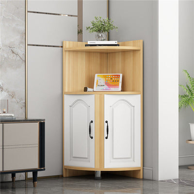 Contemporary Nordic Triangular Solid Wood MDF Corner Shelf Unit With 2-Cabinet 2-Tier For Living Room