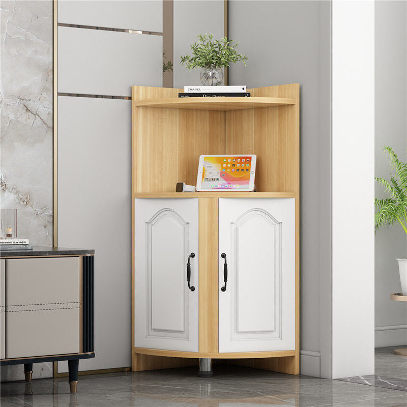 Contemporary Nordic Triangular Solid Wood MDF Corner Shelf Unit With 2-Cabinet 2-Tier For Living Room