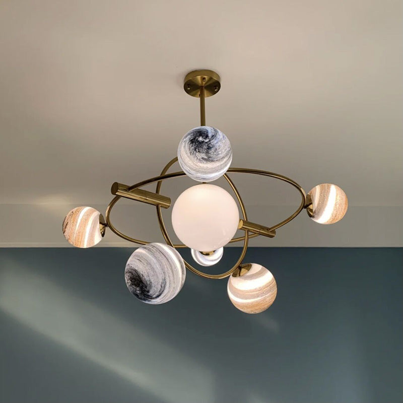 Zeitgenössischer nordischer DomePlanet runder Glas-Eisen 7/13 - Licht Kronleuchter für das Wohnzimmer 