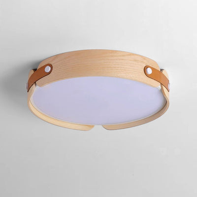 Contemporary Nordic Round Wooden Edge LED Flush Mount Ceiling Light For Bedroom