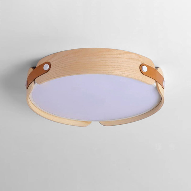 Contemporary Nordic Round Wooden Edge LED Flush Mount Ceiling Light For Bedroom