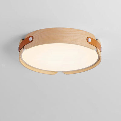 Contemporary Nordic Round Wooden Edge LED Flush Mount Ceiling Light For Bedroom